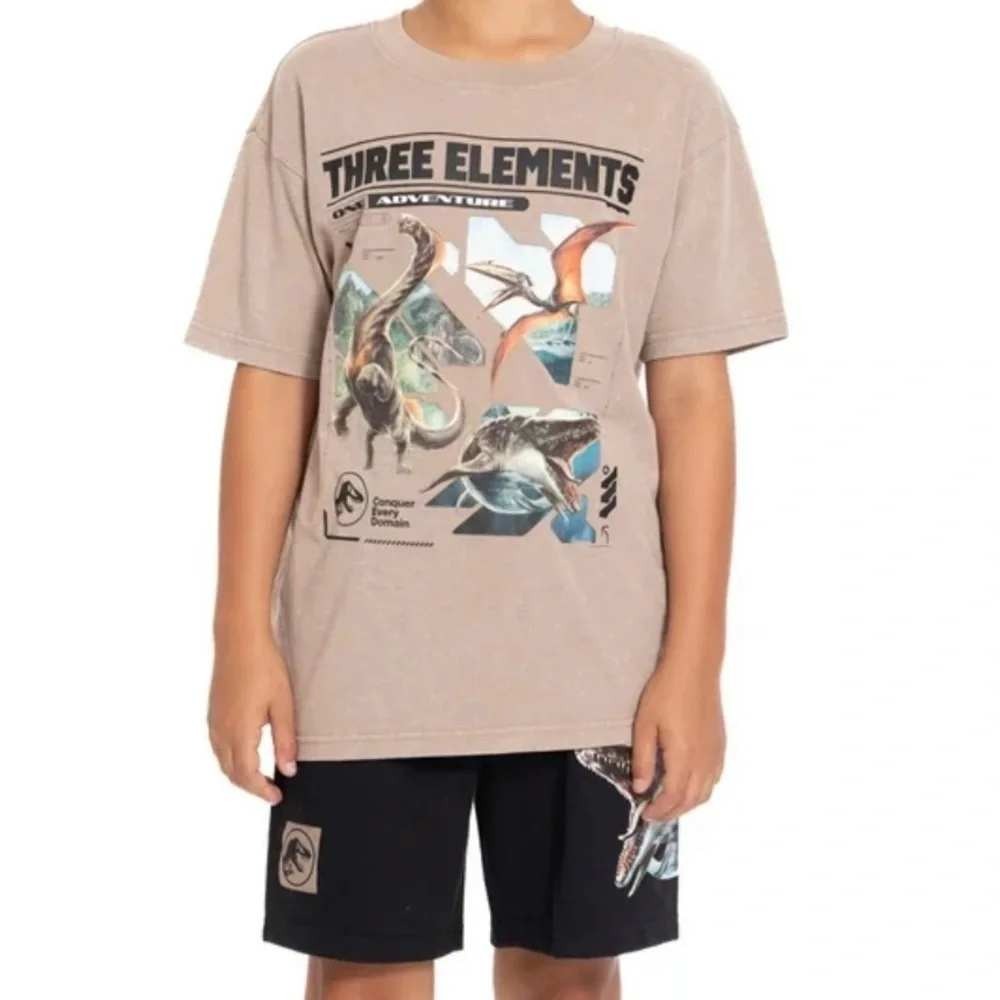 Jurassic World Boys 2‎ Piece Set Tan Graphic T-Shirt Black Shorts Sz M8/ #26563